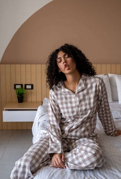 Women Summer Pajama Set Choco Checkered buttoned shirt + Pants